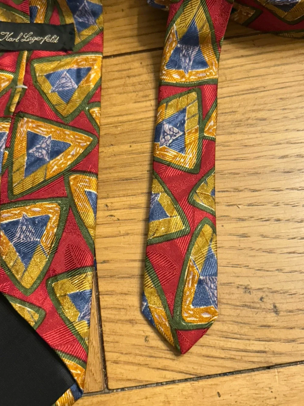 Karl Lagerfeld Red Silk Tie with Blue and Gold Geometric Motif